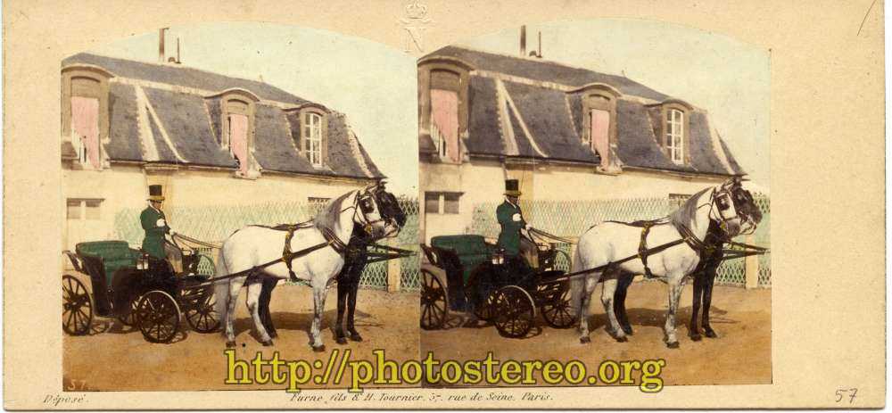 Château Impérial de Saint-Cloud. N°57. Ecuries de l'Empereur. Voiture de parc (chevaux russes).  Par Furne & Tournier    {%[Indexation sur stereotheque.fr]https://www.stereotheque.fr/result,13471-0%} (Imperial castle of Saint-Cloud. Stables of Napoleon III. Carriage used to drive into the woods. (russian horses).  By Furne & Tournier) 
