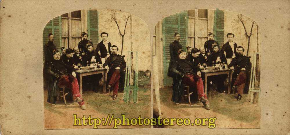 France - Camp de Châlons ? (1857). Ou Saint Cloud ?  Officiers buvant à une terrasse de café. (France. Officers at the military camp of Chalons or at a coffe shop at St Cloud ?) 