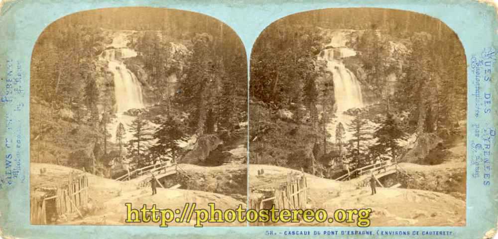 « Vues des Pyrénées. 58 - Cascade du pont d'Espagne         (environs de Cauterets) ». Tirage Ernest Lamy. DL 1868 (Pyrénées waterfall of the Spain bridge, near Cauterets. Edited by Ernest Lamy, deposed 1868.) 