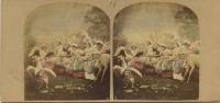 Vue satyrique. Tête de Napoléon III greffée sur une oie repoussée par des bonnes de ménage. Vue attribuée à Alfred Silvester. (Sylvester's Household Brigade  Goose whith Emperor's head  chased by housemaids with mops and buckets. Attributed to Alfred Silvester) 