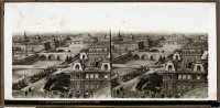 «L.F 30 Vue panoramique de Paris. (Les huit ponts)» Paris - Ponts sur la Seine. Vue prise de l'église Saint Gervais. Premier plan : Pont d'Arcole, puis pont Notre Dame. Devant le Palais de Justice, le tribunal de Commerce. Devant encore, travaux de construction de l'Hôtel Dieu (sa construction débute en 1864). Photographes : Attribué à Lachenal et Favre. (Paris - Bridges on the Seine. From Saint Gervais church. Foreground : Grèves footbridge.) 