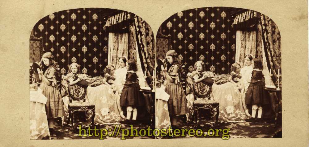Scène bourgeoise. Fillettes jouant au chevet de leur mère. Par Gaudin. (Middle-class scene. Young girls playing bedside of their mother.) 