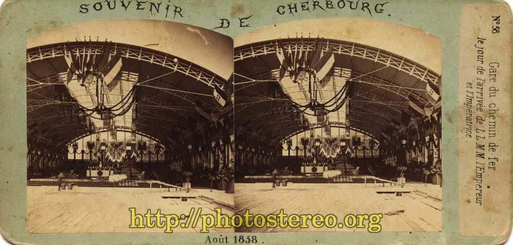 Cherbourg. N°58 Gare du chemin de fer le jour de l'arrivée de L.L.M.M. l'Empereur et l'Impératrice. Aout 1858 (Cherbourg. The station, the arrival day of Napoleon III and the Impress Eugénie. August 1868.) 